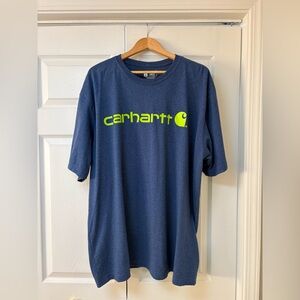 Carhartt Men's Tee in Navy with Neon Green Logo Size XL